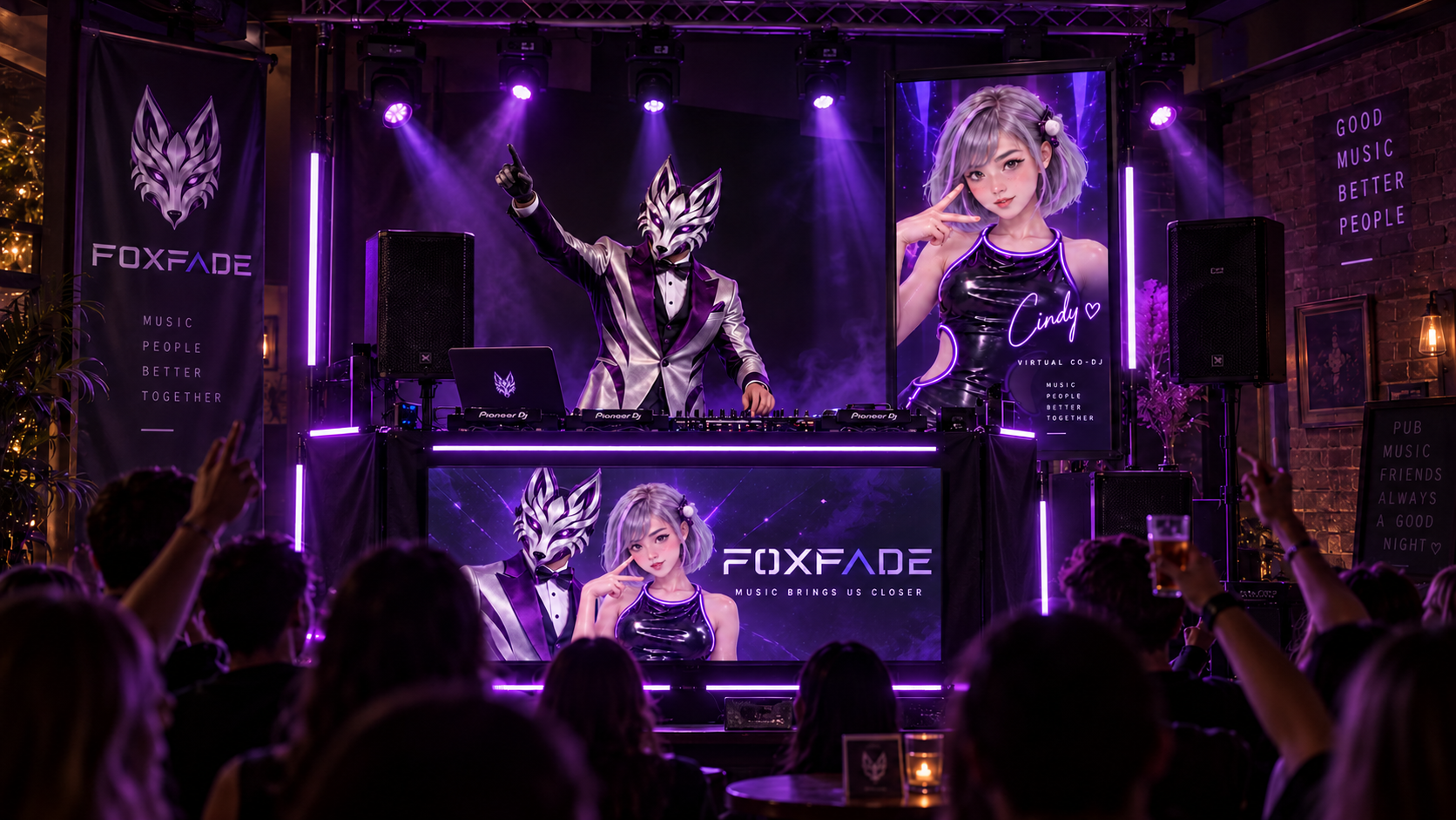 Concept visual of a proposed FoxFade pub-stage setup, with the masked DJ, Cindy on a portrait display, violet lighting and an audience