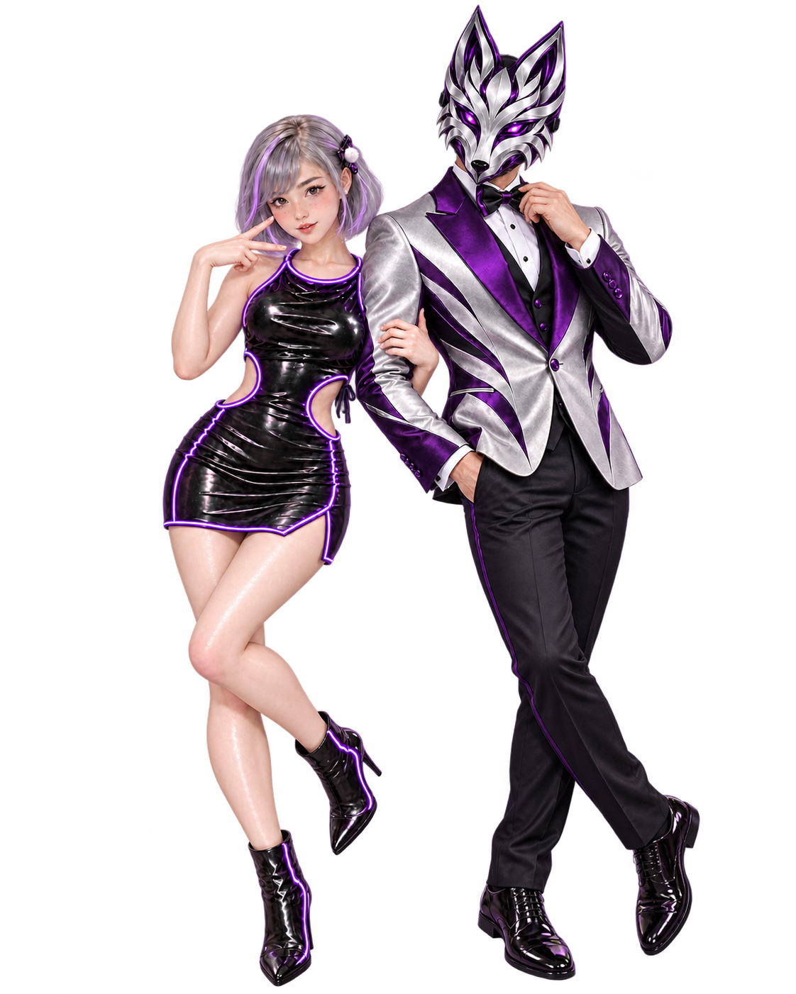 Concept artwork: DJ FoxFade in his silver-and-purple fox mask beside Cindy, his digital co-DJ