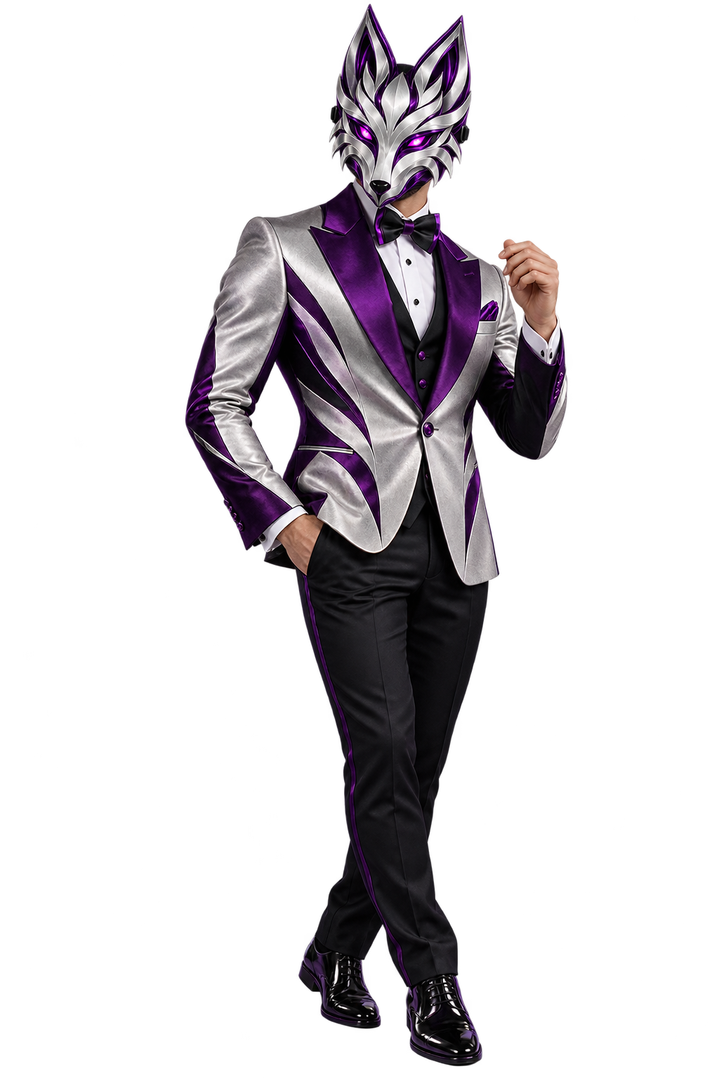 Concept artwork of DJ FoxFade in a silver tuxedo with purple accents and an angular fox mask